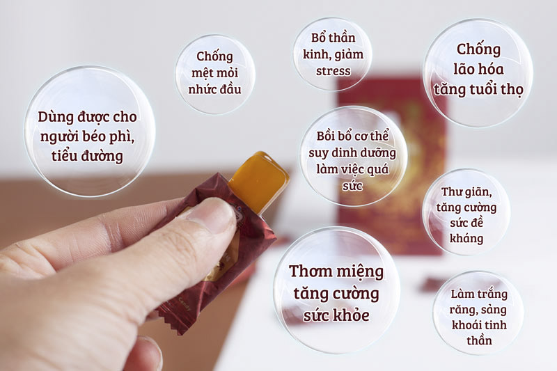 Kẹo hồng sâm không đường được sản xuất từ tinh chất hồng sâm 6 năm tuổi thượng hạng của Hàn Quốc có khả năng tăng cường sắc đề kháng.